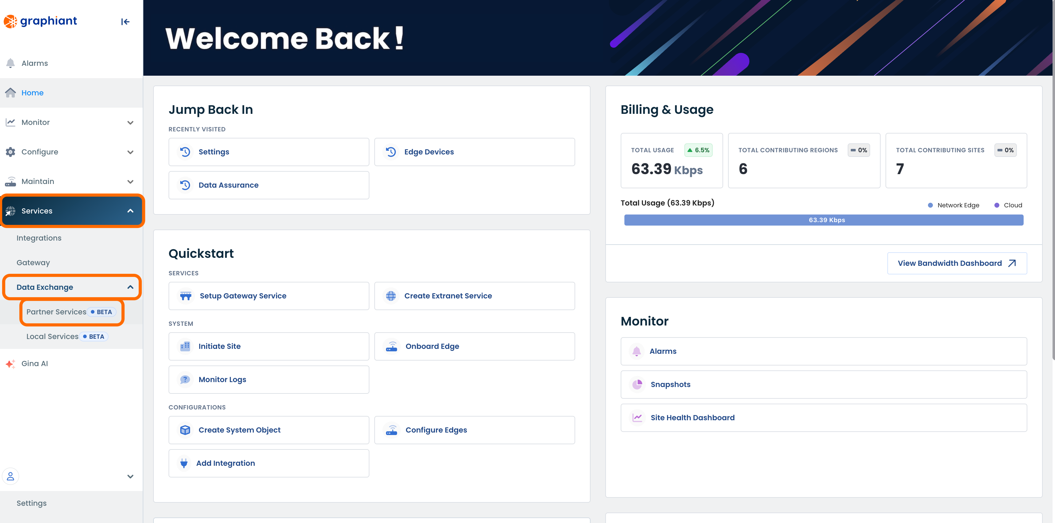 Dashboard overview showing services, data exchange, and usage statistics for the application.